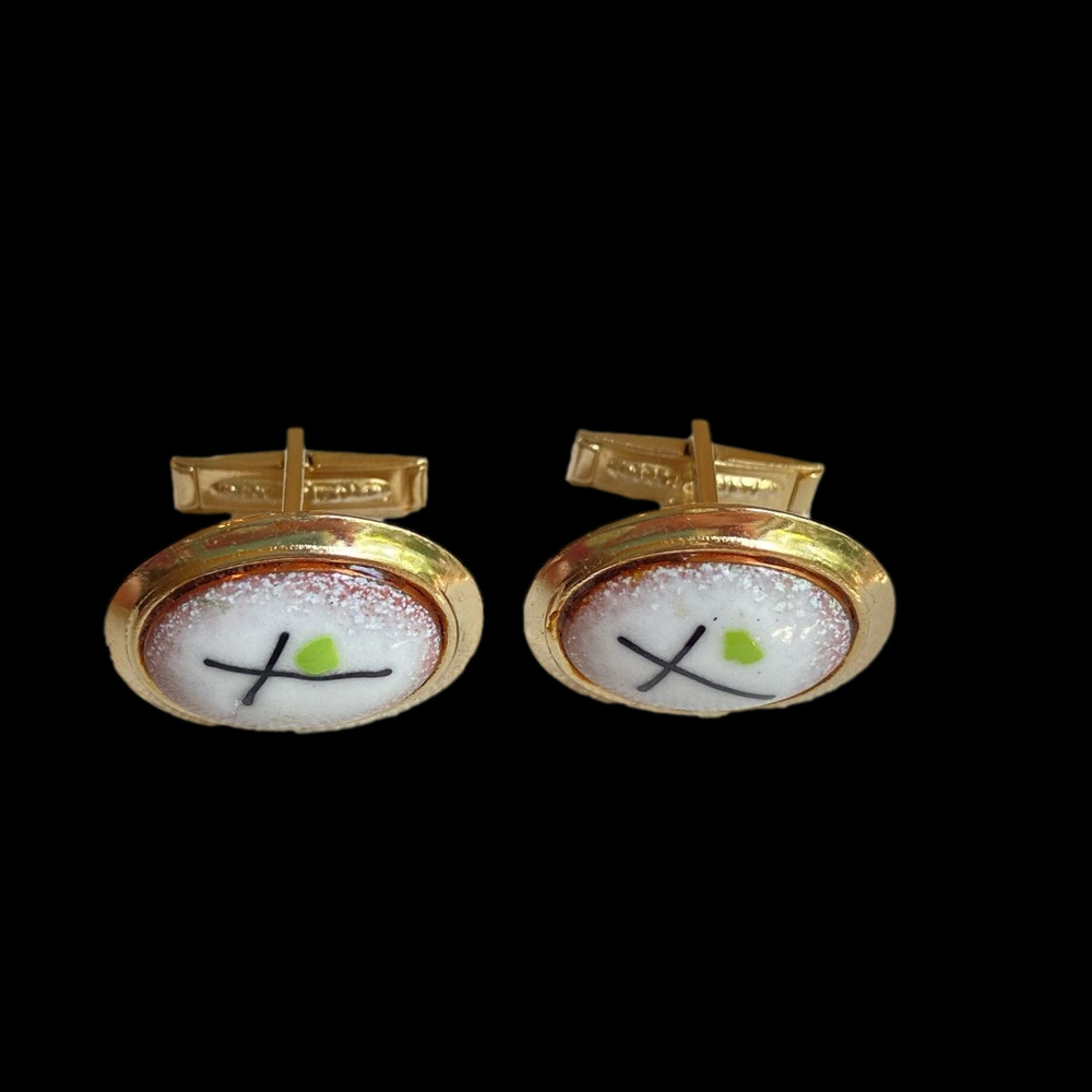 White porcelain cuff links in goldtone vintage with crosses marked Pat Pending